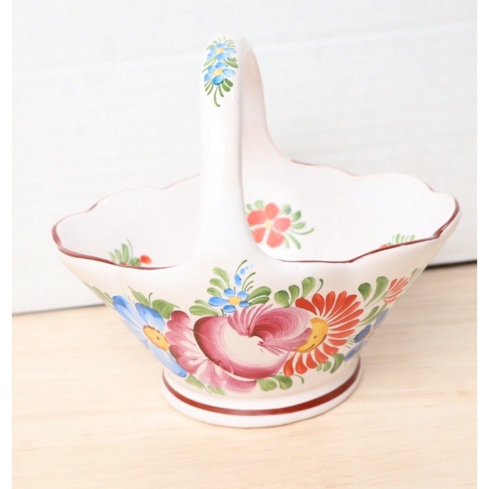 Vintage Hand-Painted Ceramic Folk Art Floral Basket Country Cottage Shabby Chic